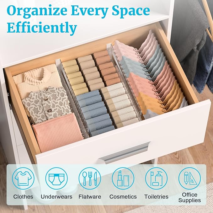 8 Pack 4" High Drawer Dividers for Clothes, 10.2"-16.5" Expandable Dresser Drawer Organizers, Adjustable Plastic Clear Drawer Separators for Kitchen, Baby Clothing, Socks, Underwear, Bedroom