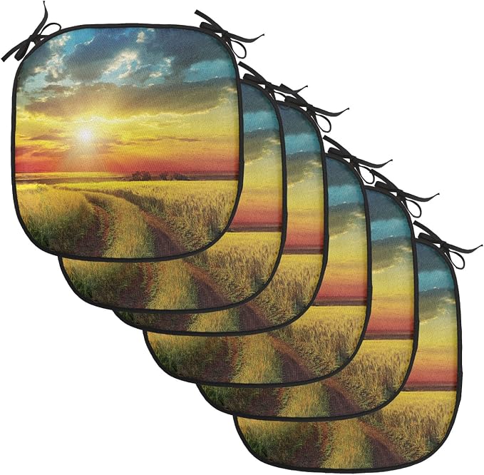 Lunarable Rural Chair Cushion Pads Set of 6, Sunset Over Field Sun Bursting Through Colored Dramatic Clouds Scenic Picture, Anti-Slip Seat Padding for Kitchen & Patio, 16"x16", Orange and Yellow