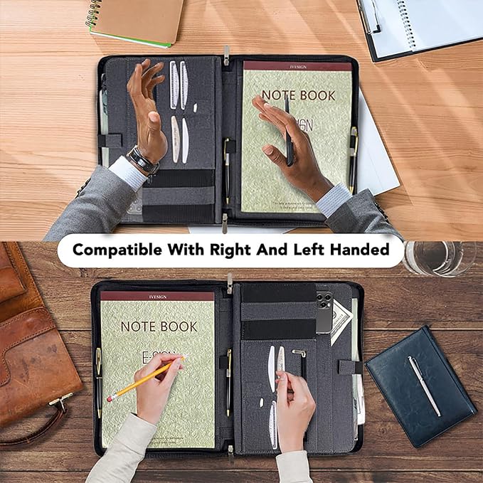 PU Leather Padfolio with Double Zipper, 10.1" Tablet Sleeve, Card Slots & Writing Pad - Multi-Functional Portfolio Binder for Documents, Business Card Organizer & Office Accessories