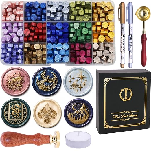 SWANGSA Starry Wax Seal Stamp Kit with 450pcs Sealing Wax Beads, 2 Pens and Spoon for Wedding, Invitations, Cards, Envelope, Christmas