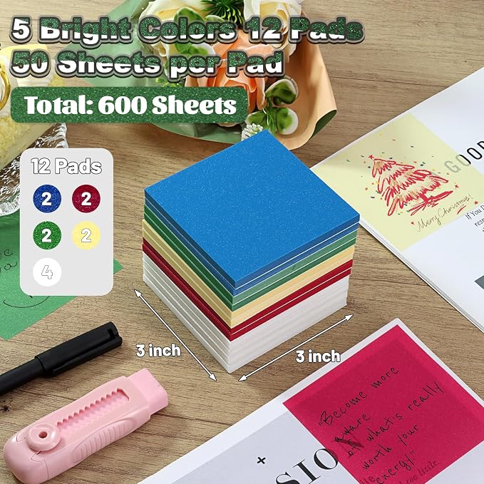 Transparent Glitter Sticky Notes 12 Pack, Sparkly Frosted Dark Star 3x3 Inch, High Transparency Glass-Like Adhesive Clear Seee Through Sticky Notes for Women Office School Supplies (600 Sheets)