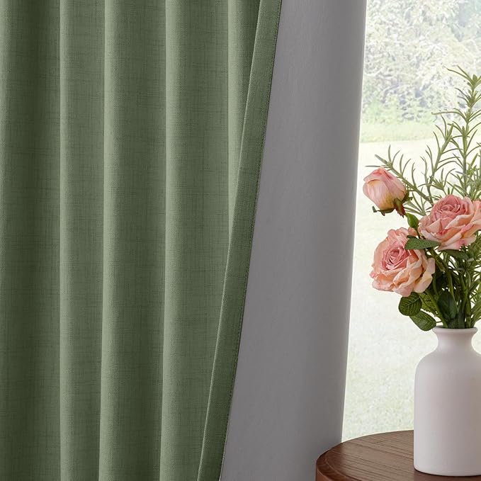 INOVADAY 100% Blackout Curtains for Bedroom, Moss Green Black Out Curtains 96 Inch Long, Clip Rings Linen Blackout Drapes, Thermal Insulated Room Darkening for Living Room, 2 Panels - W50xL96