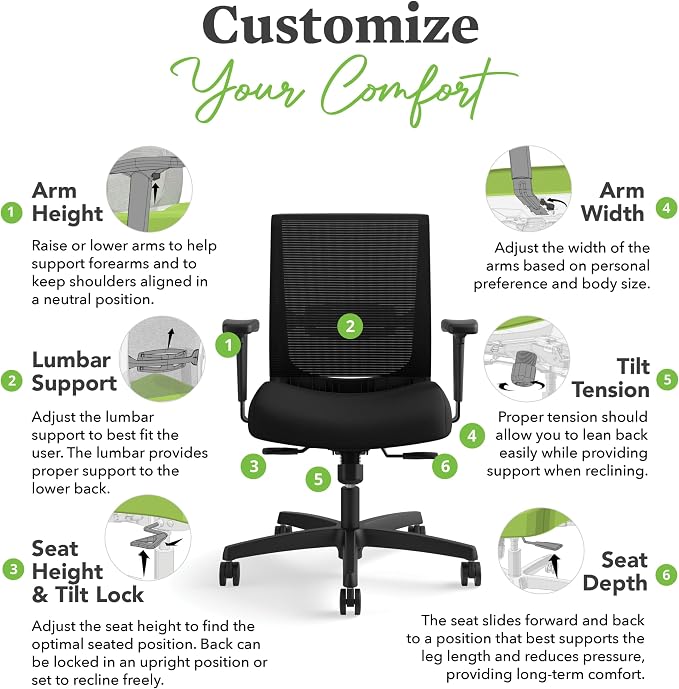 HON Convergence Ergonomic Office Chair with Mesh Back, Adjustable Arms, Lumbar Support, Synchro‑Tilt Desk Chair with Wheels for Home Office or Computer Use, Black Frame, Bark