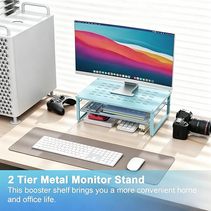 gianotter 2-Tier Metal Monitor Stand Riser, Desk Organizer for Monitor, Office Desk Storage Organizer for Office Supplies (Blue)