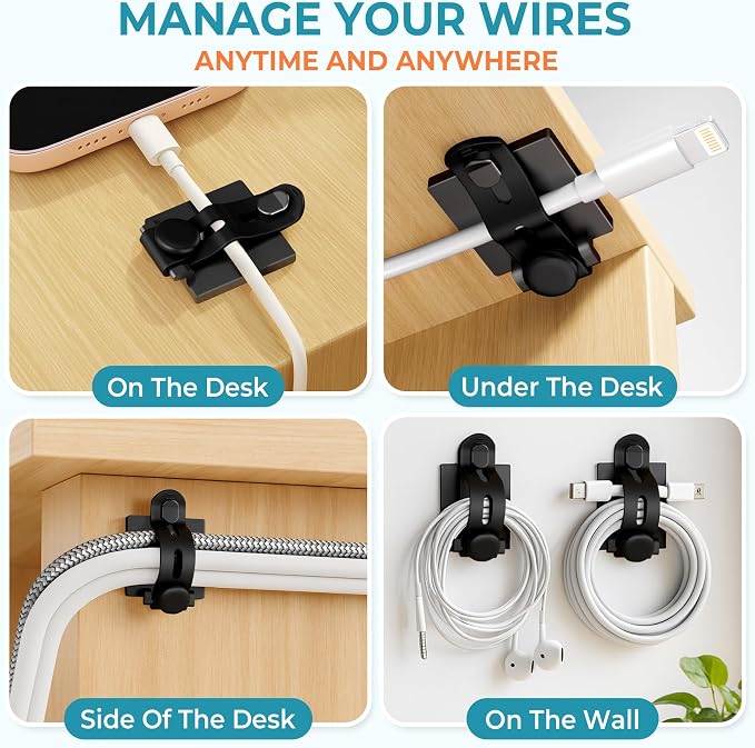 Kanemc 20PCS Cable Management Kit Adhesive Cable Clips | 20 Adjustable Cable Holders,20 Zip Ties,20 Screws&10 Extra Cable Straps, Cord Organizer for Home Office Under Desk Behind TV