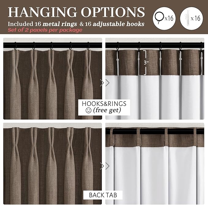 Dark Flax 100% Blackout Curtains 90 Inches Long for Kids Room, Memory Trained Pinch Pleated Thermal Noise Reducing Natural Linen Privacy Light Block Aesthetic Windows Drapes Brown Colored 2 Panels Set