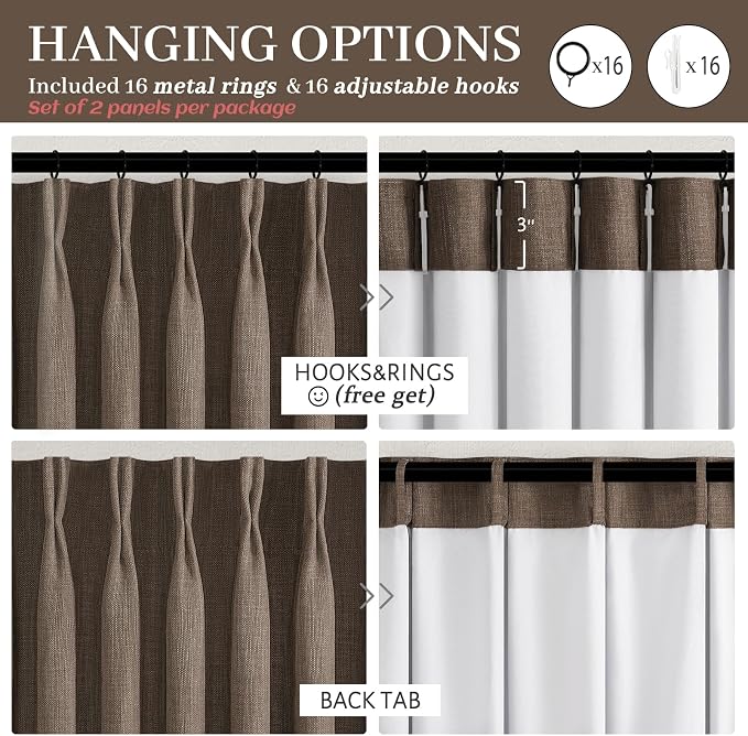 Blackout Dark Brown Bedroom Curtains 84 Inches Long 2 Panels Set, Memory Trained Pinch Pleated Dual Layer Linen Insulated Sound Dampening Modern Windows Curtain for Dining Room Darkening 7FT Length