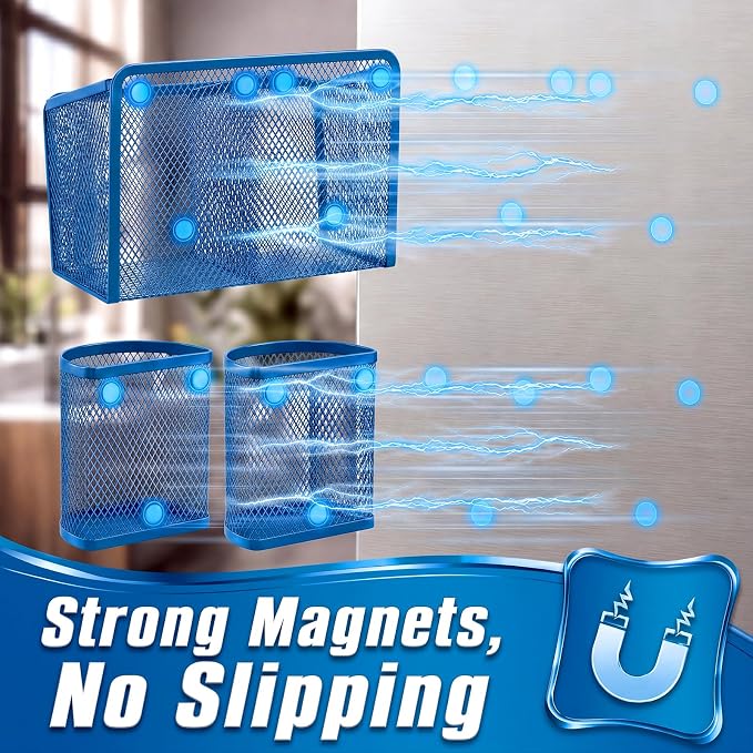 Marspark 3 Pcs Magnetic Pen Holder Set Metal Pencil Holder with Strong Magnets Wire Mesh Storage Basket Organizer for Locker Accessories Whiteboard Refrigerator School Office Dorm(Blue)