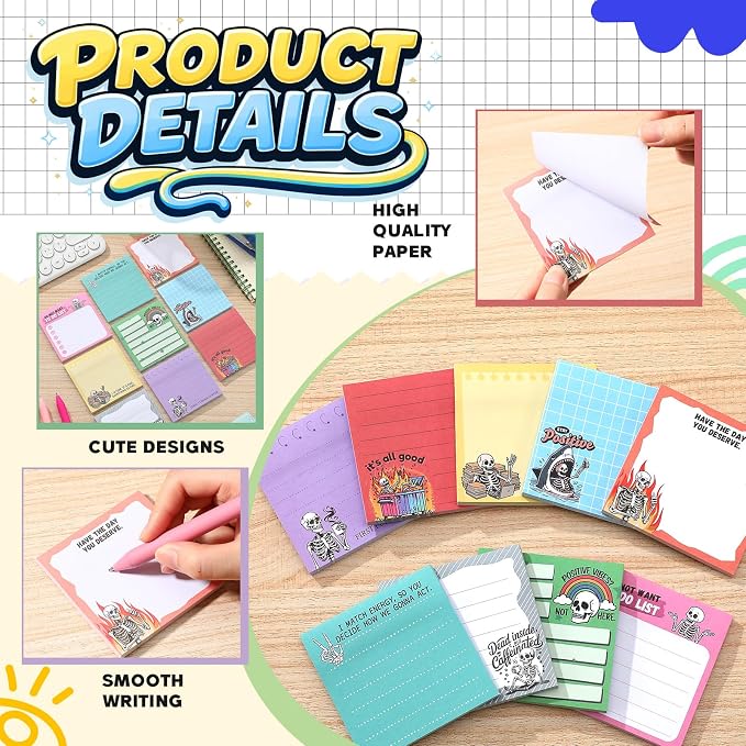 9 Pads Gothic Skeleton Sticky Notes 3x3 Inch Cute Self Stick Notepads Notes Adhesive Memo Pad Office Decor Gifts for Students School Teacher Meeting Office Supplies