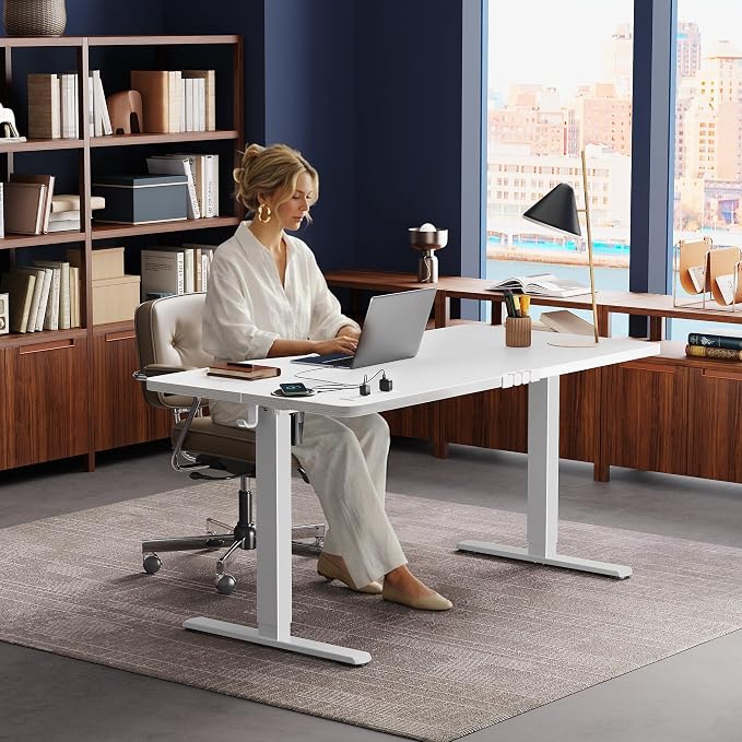 Huuger Electric Standing Desk with Power Outlets and USB-C Port, 55 X 24 Inch Height Adjustable Desk, Sit Stand Desk for Home Office, Computer & Gaming Desk with 4 Presets, Stable Steel Frame, White