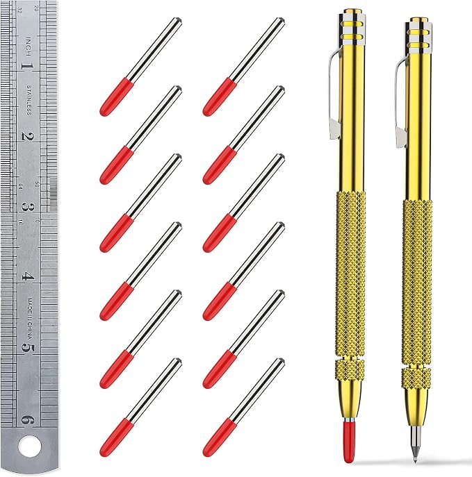 Glieskir 2 Pack Tungsten Carbide Scriber with Magnet,with Extra 12 Replacement Marking Tip And 6-Inch Ruler,Etching Engraving Pen for Glass/Ceramics/Metal Sheet