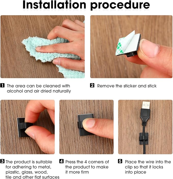 Eboot 100 Pieces Adhesive Cable Wire Clips Strong Cord Clips Wire Holders Cable Cord Management Straps Clamps Tie Holder for the Wall, Under Desk, Car, Office and Home