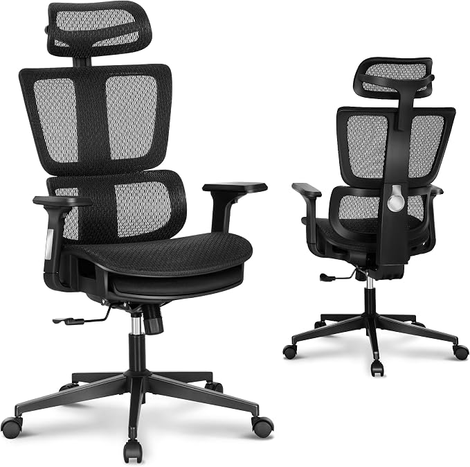 ALPHA HOME Ergonomic Office Chair, High Back Mesh Computer Chair, Footrest | Black Task Chair with Lumbar Support, Adjustable Height&Headrest&Flip-Up Armrest, 360° Swivel Wheels, SGS Certified