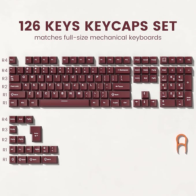 dagaladoo Double Shot PBT keycaps Set,Dark Red Keyboard caps,Cherry Profile Keycaps 60 65 75 100 Percent,126- Key Custom keycaps for Mechanical Keyboard Gaming(61/64/68/84/87/100/104/108)