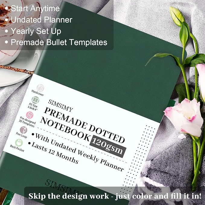 Dotted Journal Notebook with Premade Bullet Templates, Pre-made Dot Grid Journaling with Undated Weekly & Monthly Planner, Various Trackers - 12 Month Organization, A5 Hardcover