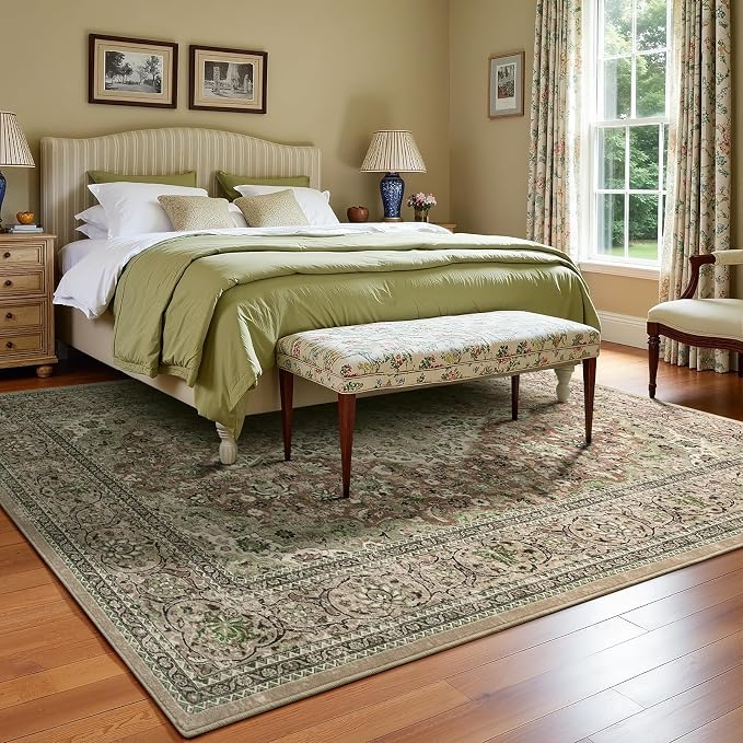 Green Washable Vintage Non Slip Area Rug, 8x10 Boho Floral Living Room Rugs, Soft Low Pile Indoor Mat, Aesthetic Pattern Carpet for Bedroom Kitchen and Dining Room