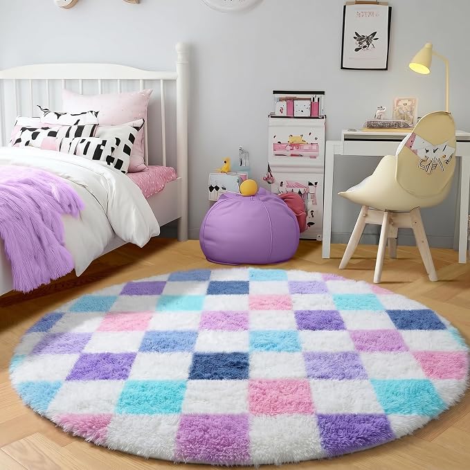 KICMOR Purple Rainbow Round Rugs 5ft for Bedroom Living Room, Cute Fluffy Soft Circle Area Rug Fuzzy Shag Shaggy Carpet, Circular Checkered Rug for Teen Kids Girls Boys Nursery Home Decor Aesthetic