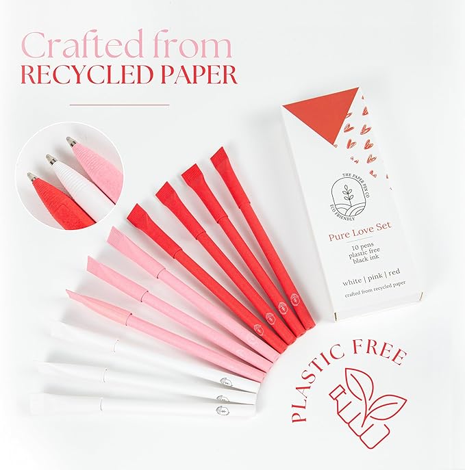 Paper Pen, Crafted From Recycled Paper, Metal Ink Insert, Plastic-free, Eco-friendly, Back to School, Sustainable Office Supplies, Goodie Bag Gift, Valentines Day, Black Ink, Pack of 10, Pure Love set