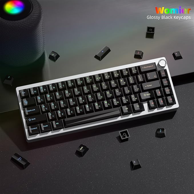 Womier Black Keycaps for Mechanical Keyboard, Ceramic Style Keycaps Set, Glossy Cherry Profile Custom Key caps with Color Character for 60 75 100% Mechanical Keyboards with Cherry/Gateron MX Switches