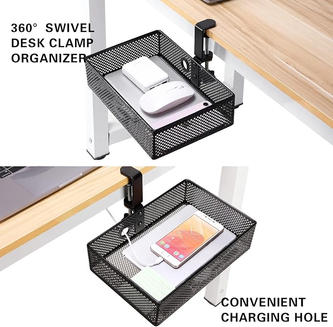 Under Desk Drawer, Clamp on Desk Organizer Hanging Desk Storage Under Table | Under desk organizer: clamp on desk drawer, 360° rotating desk basket, hanging desk organizer, clamp on desk shelf, no-drill