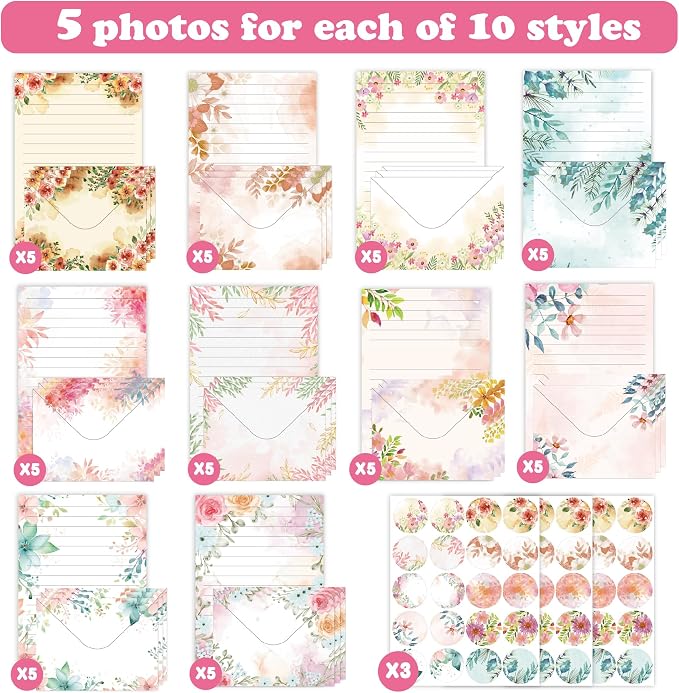 Stationery Paper Envelopes Set 160 Pcs - 50 Lined Writing Paper, 50 Envelopes, 60 Dot Stickers, Vintage/Floral/Leaf/Watercolor Multi-Style Options (STATIONERY-160PCS-FLORAL)