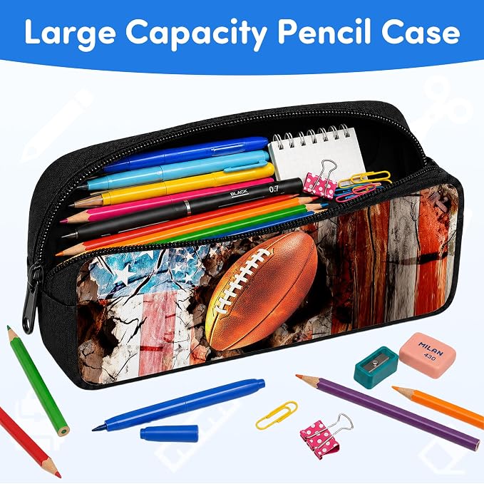 3PCS Football Backpack for Boys Girls Teens, School Backpack with Lunch Box Pencil Case for Elementary Middle High Students, 17 Inch Lightweight Bookpack 3 in 1 Set Back to Shool Supplies for Kids
