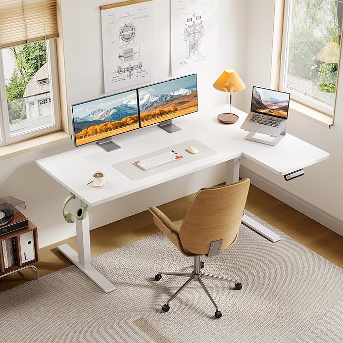 OffiGo Electric L Shaped Standing Desk, 55 Inches Height Adjustable Table, Reversible Corner Stand Up Desk, Lifting Computer Table for Home Office, Computer Workstation, White