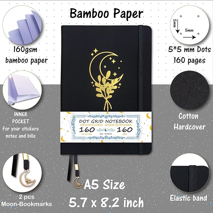 BUKE Dotted Notebook - Cotton Fabric Hardcover - 160gsm Thick Bamboo Paper - A5 Size Dotted Journal - 5x5mm DOT GRID Layout 160 Pages With Gift Box (BKC-1A)
