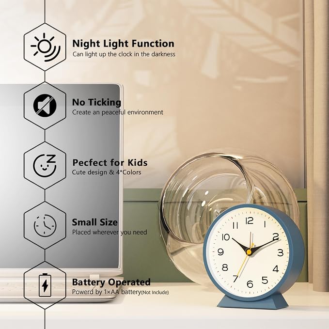 AYRELY® 4.5" Analog Alarm Clock, Small Retro Desk Clock and Table Clock | Battery Operated, Silent Metal Table Clock with Light for Living Room Decor, Bedroom, Bedside and Shelf (Blue)