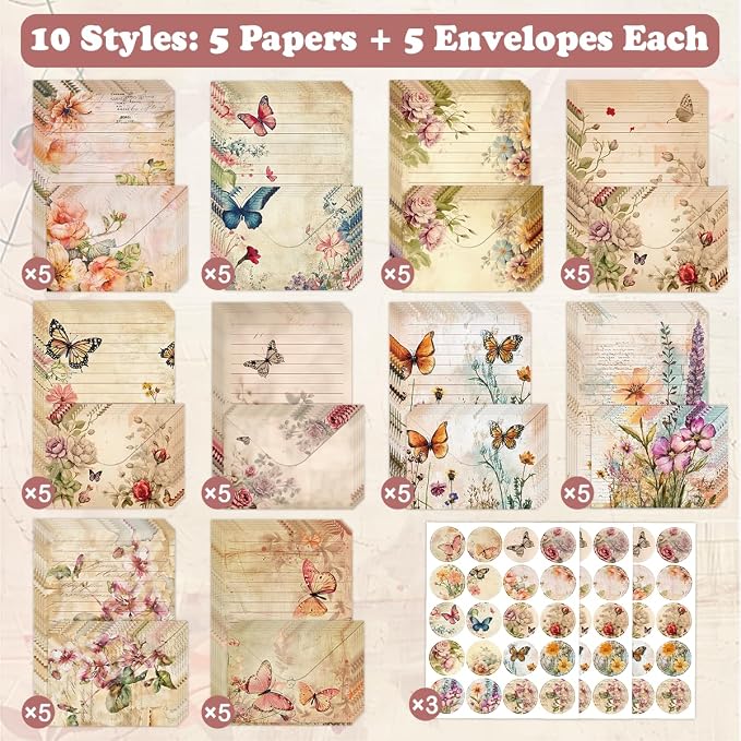 FUNCLASS 160 Pcs Stationery Set Letter and Envelopes – 50 Lined Stationery Paper and 50 Matching Envelopes, 5.5 x 8.25 Inches Letter Writing Stationery for Home, Office, School (Vintage Butterfly)