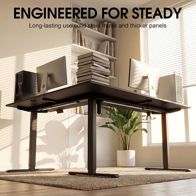 Furmax 63 x 48 Inch L Shaped Standing Desk with 2 Preset Heights, Electric Height Adjustable Computer Table, 2 Hooks & Feet Balance, Corner Sit Stand Desk for Home Office (Black, 63 x 48 Inch)