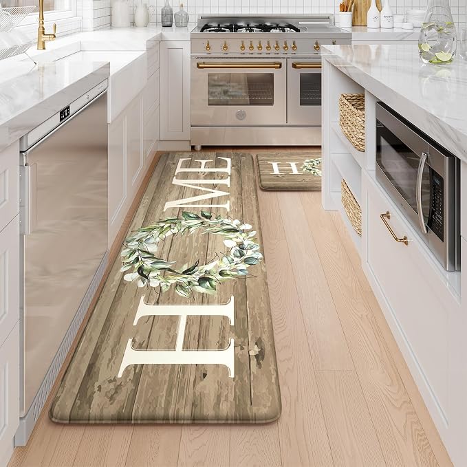 KIMODE Kitchen Mats Cushioned Anti Fatigue, Farmhouse Kitchen Rugs, Kitchen mats for Floor 2 piece, Comfort Padded Kitchen Floor Mats for Sink, Laundry, Office, Desk Khaki 17"x59"+17"x29"