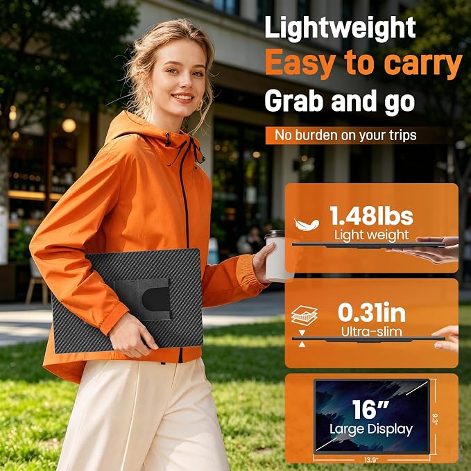 16″ Portable Monitor for Laptop, 1200P IPS Laptop Screen Extender, Plug & Play Dual Monitor with 360° Rotating Stand, Ultra Slim Travel Monitor for Laptop, PC, MacBook, PS5
