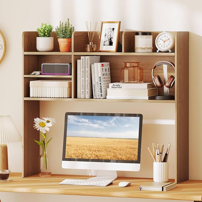Tangkula Desktop Bookshelf for Computer Up to 32”, 37” Countertop Storage Hutch with 6 Storage Shelves, 3-Tier Desktop Organizer Display Rack, Wooden Desk Hutch for Dorm Home Office (Natural)