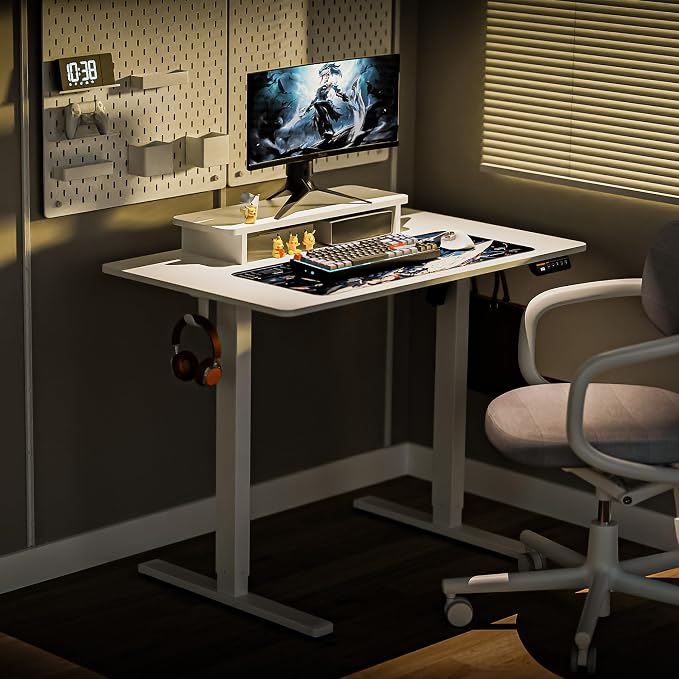 40 x 24 Inch Height Adjustable Standing Desk, 3 Presets, White | 40 x 24 in Desktop, 28.3–46.5 in Height, 2+3 Controls, ≤45 dB, 154 lb Capacity, 2 Hooks