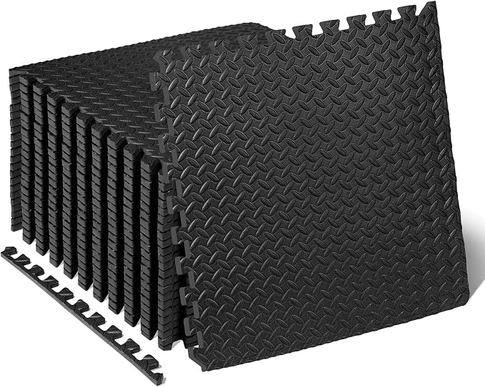ProsourceFit Exercise Puzzle Mat 1/2-inch, EVA Interlocking Foam Floor Tiles for Home Gym, Workout Equipment, Kids Play Areas, Black, 96 SQ FT - 24 Tiles