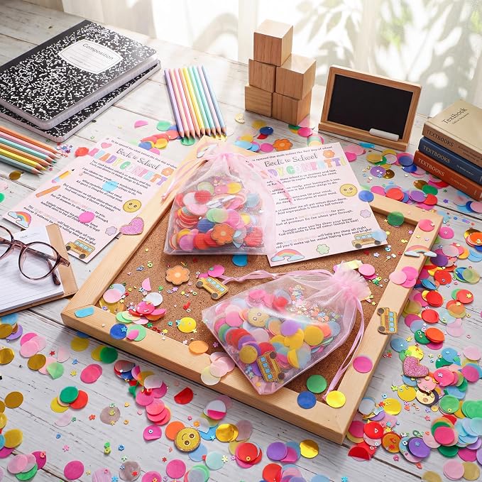 AmazingSpark 24 Sets Ready Confetti Back to School Supplies Magic Jitter Glitter with Poem Cards Organza Bags First Day of School Confetti Anxiety Relief Favor Gifts for Teachers(Glitter)