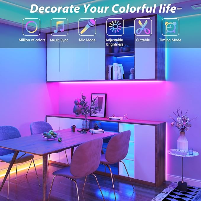 Led Lights for Bedroom 100 ft (1 Roll of 100ft), Music Sync RGB Led Strip Lights with Remote App Control, Color Changing Led Lights for Room Home Kitchen Party Decor