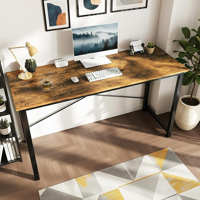 OLIXIS 55 Inch Computer Office Desk for Small Spaces, Writing Gaming Work Desk Modern Study Table with Storage Bag & Headphone Hook Home Bedroom, Rustic Brown