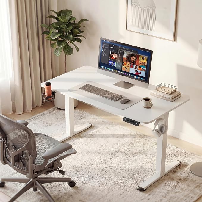 Furmax Electric Standing Desk, 45 x 24 Inches Height Adjustable Sit Stand up Desk, Memory Preset Computer Home Office Desks with Sturdy Metal Frame, Phone Stand Cable Management Hole (White, 45'')