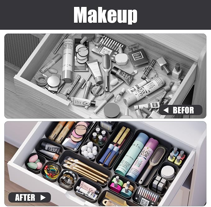 Plastic Drawer Organizers, 18 PCS Drawer Organizer Bins, Bathroom and Vanity Organizer Plastic Tray, Makeup organizer and storage for Makeup, Bedroom, Kitchen Gadgets Utensils and Office (Black)