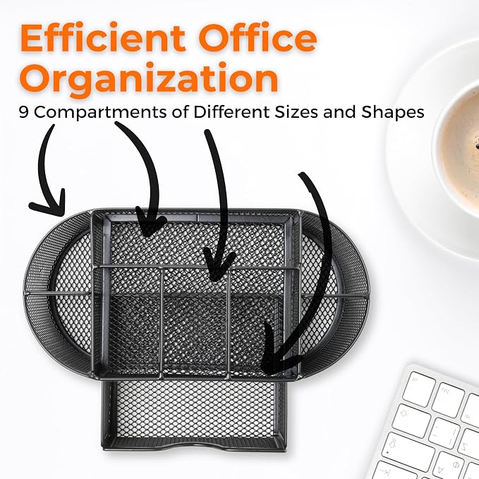 Pen Holder Desk Organizer – 9-Compartment Pencil Holder Desk Organizer with Drawer Tray – Desktop Organizer for Office Supplies and Stationery – Pen Holder for Home, Office, School - Black