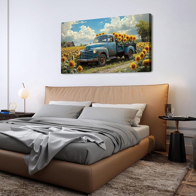 AIYISU Sunflower Wall Art Farmhouse Pictures Wall Decor Vintage Floral Prints Rustic Barn Truck Pictures Country Wildflower Canvas Painting Artwork for Bedroom Living Room Home Decoration 24x48