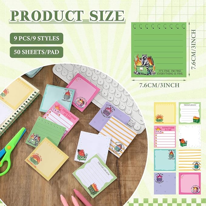 9 Pads Dumpster Fire Sticky Notes 3x3 Inch Cute Self Stick Notepads Notes Adhesive Memo Pad Office Decor Gifts for Students School Teacher Meeting Office Supplies