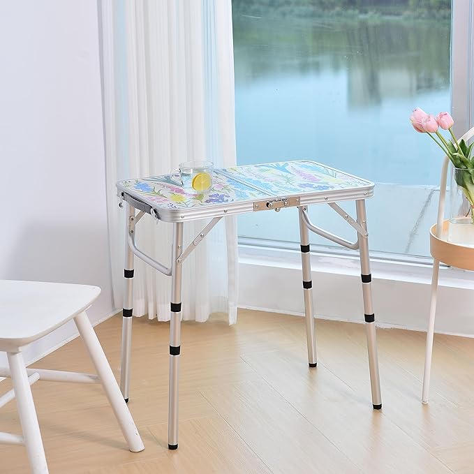Yriuat Folding Camping Table 2ft Portable Pinic Table Adjustable Height Small Card Table Aluminum Foldable Lightweight with Carry Handle for Outdoor Indoor Hiking Camp BBQ Beach (Blooming Floral)