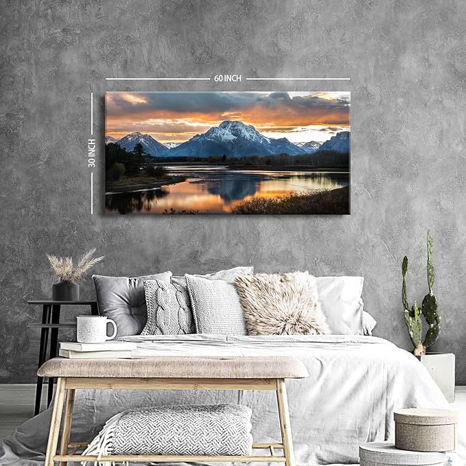 Large Mountain Wall Art for Living Room Sunset Nature National Park Posters Grand Teton Landscape Wall Decor Snake River Wyoming Scenery Canvas Prints Artwork for Bedroom Office Home Decoration 30x60"