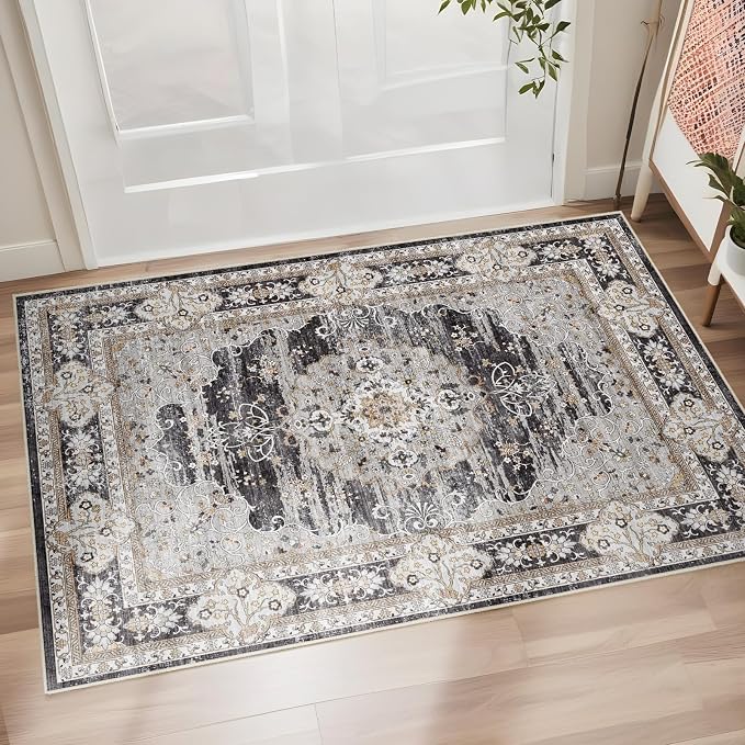 Puino Washable Entryway 2x3 Rug: Small Boho Rugs for Indoor Entrance Non Slip Backing Stain Resistant Carpet Low Pile Throw Rugs for Bedroom Bedside Inside Front Door Floor Kitchen Decor(Black,2x3FT)