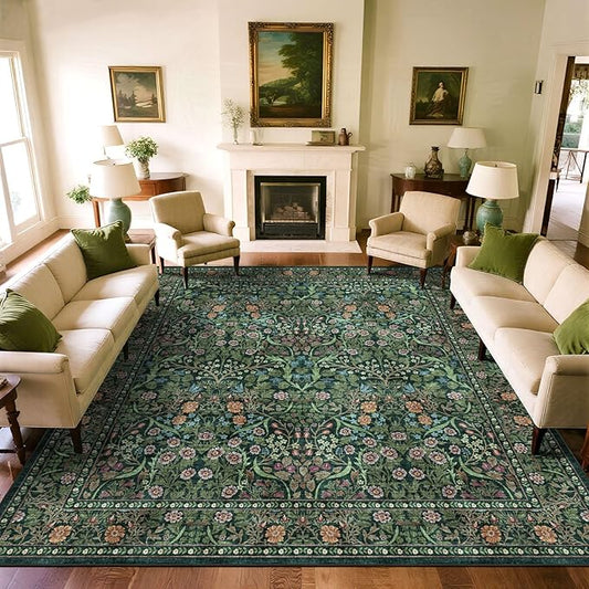 Moss Green 9x9 Square Rug - Soft Washable Boho Floral Living Room Rug Non Slip Stain Resistant Vintage Retro Dark 9' Square Area Rugs for Bedroom Guest Room Dining Room Rugs for Under Table