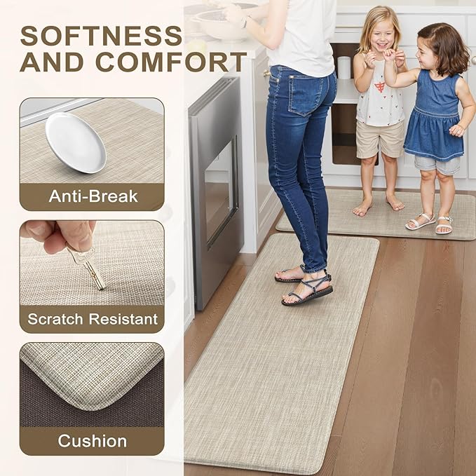 Collive Anti Fatigue Cushioned Kitchen Mat Set 2 Piece Non Skid Waterproof Kitchens Sink Rug Standing Floor Carpets for Office, Sink,17"×29"+17"×47",Beige