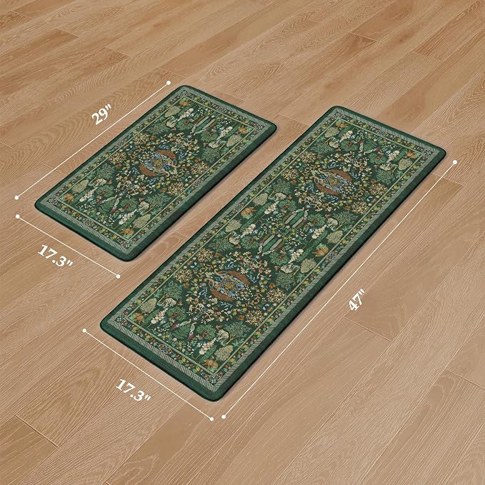 KIMODE Kitchen Mats Cushioned Anti Fatigue 17"x47"+17"x29", Farmhouse Kitchen Mats for Floor 2 Piece, Dark Green Padded Kitchen Floor Mats Non Slip, Standing Mat for Laundry Office Sink Desk